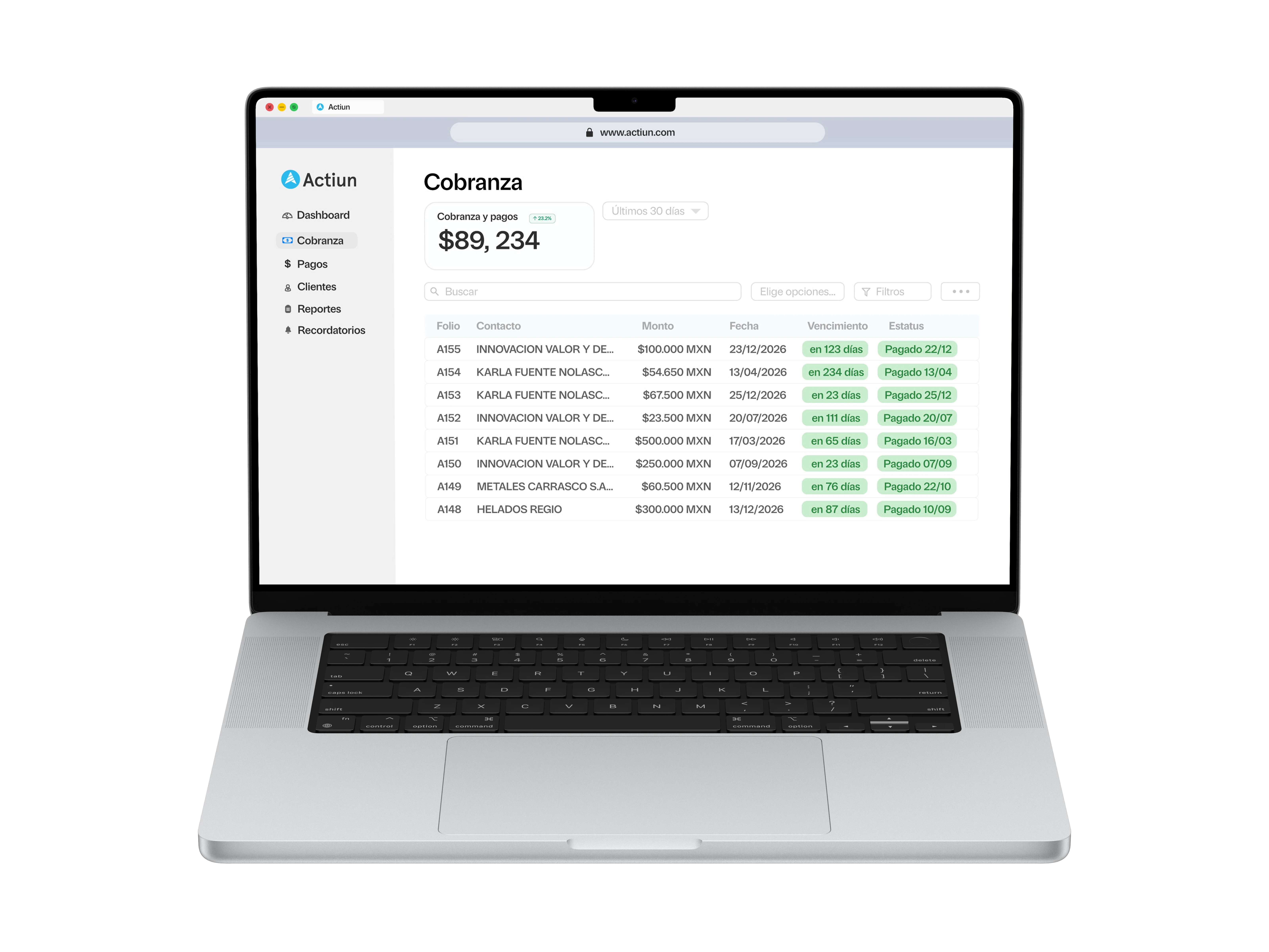 Vista de cobranza inteligente Actiun en MacBook Pro