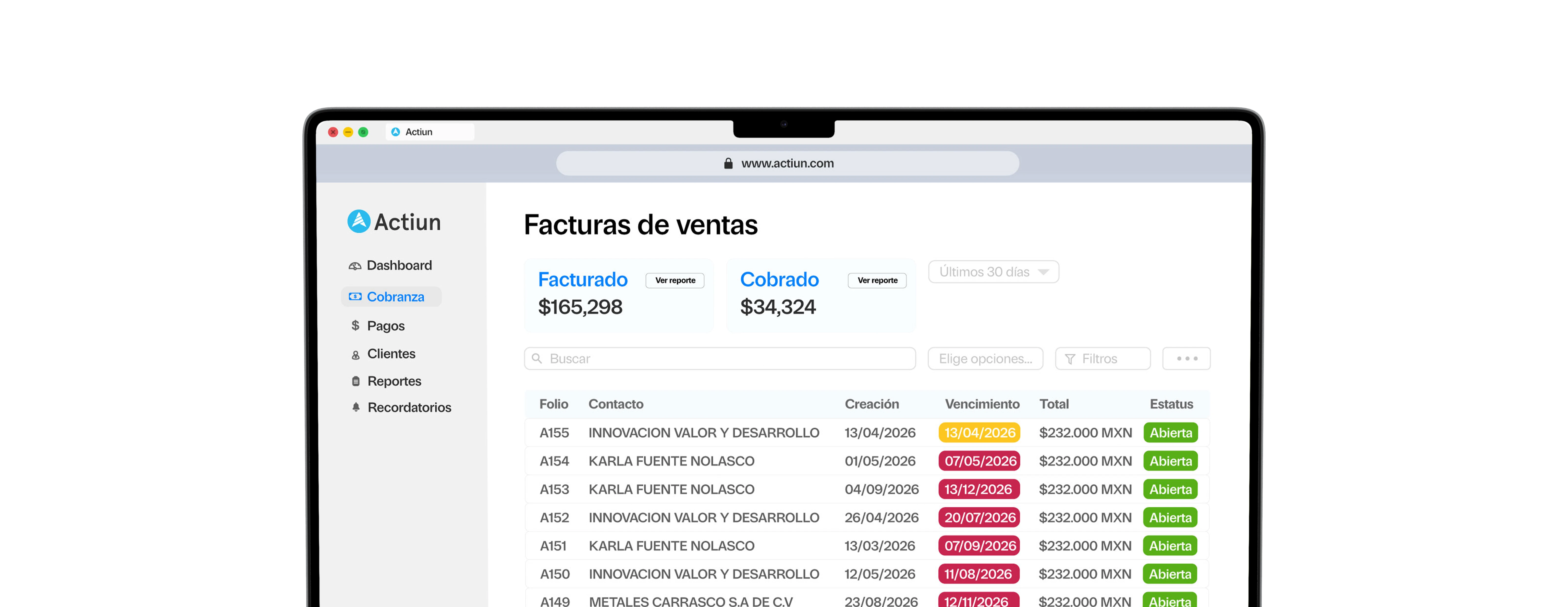 Vista de facturación electrónica Actiun en MacBook Pro